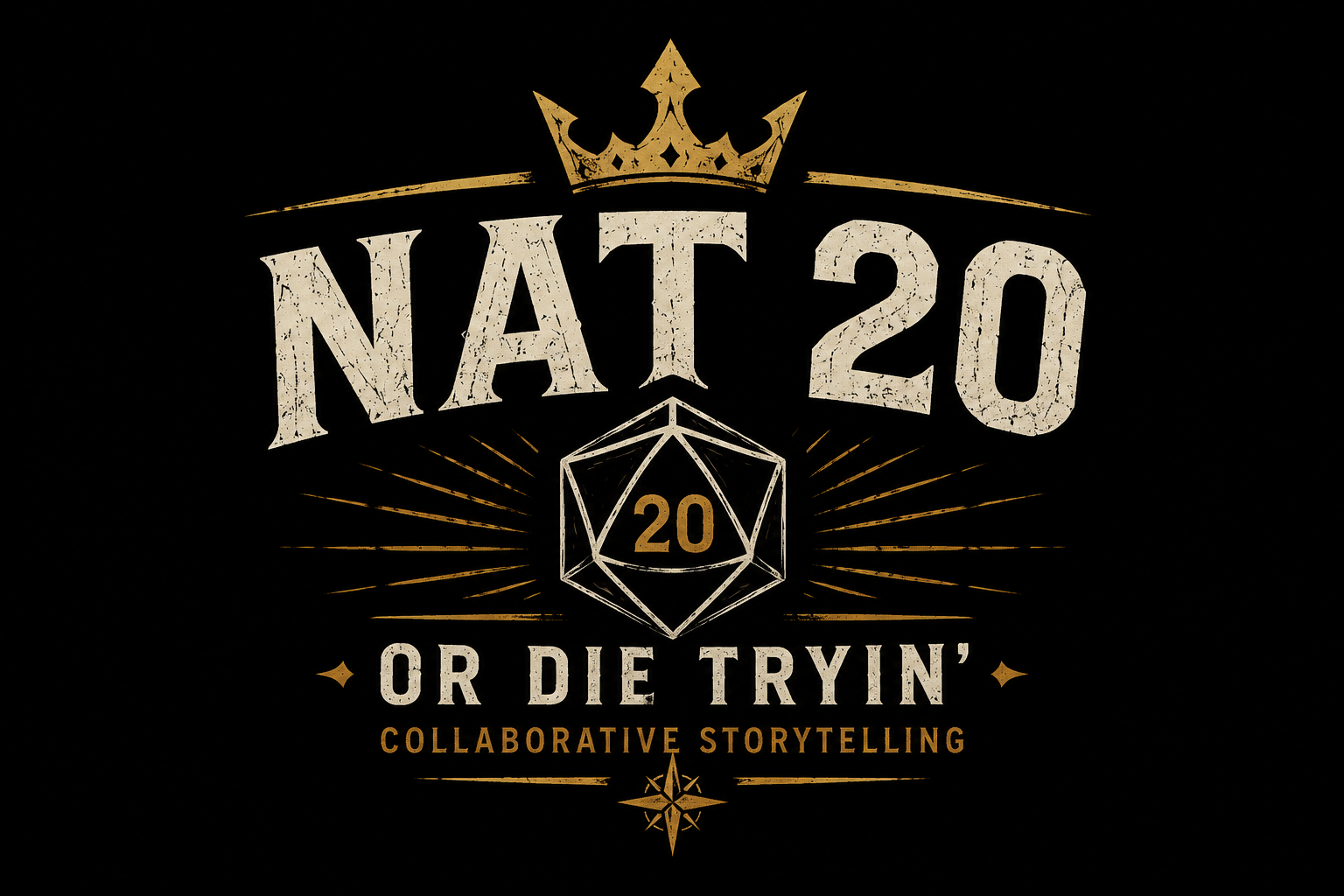 Nat 20 or Die Tryin' emblem: a kraken beneath a lighthouse and a distant castle under a full moon